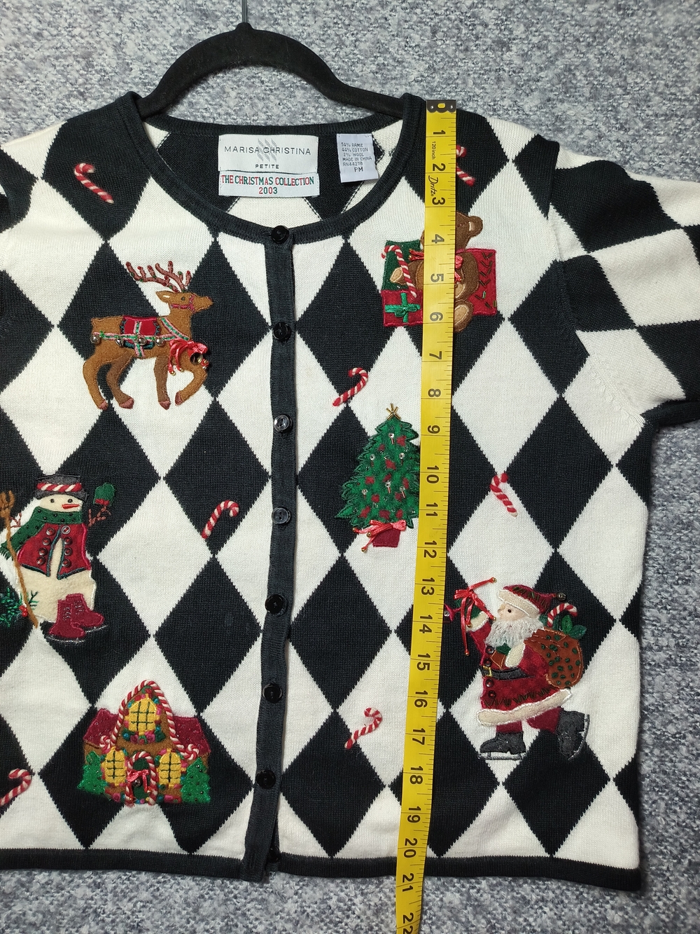 Marisa Christina Black & White Argyle Holiday Cardigan with Festive Appliques PM - Picture 6 of 7